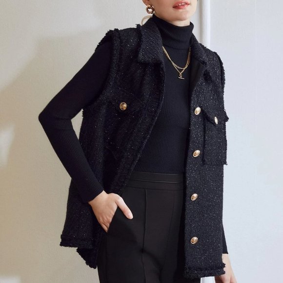 . Jackets & Blazers - BLACK TRENDY WOMENS WOOL-MIX TWEED GLITTER OVERCOAT